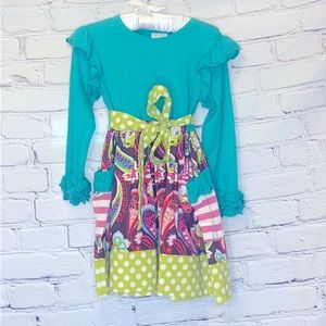 Millie Jay Teal Blue Brown Paisley Green White Polka Dot Girls Dress Size 3T